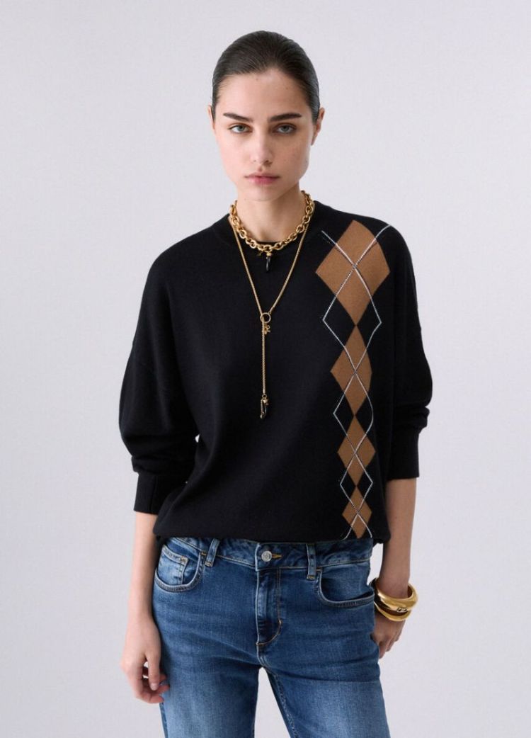 MAGLIA CHIUSA INTARSIO BLACK BEIGE