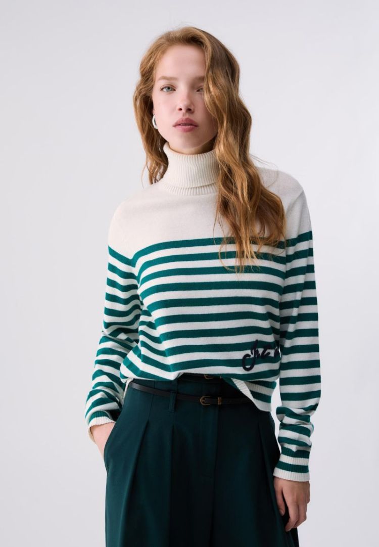 MAGLIA COLLO ALTO RICAMO BCO LANA GREEN