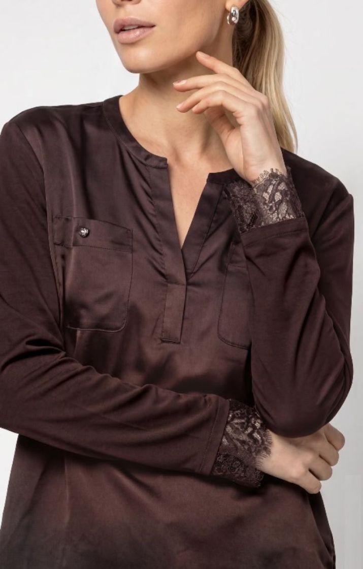 JERSEY BLOUSE SPITZENDETAIL BLACK COFFEE