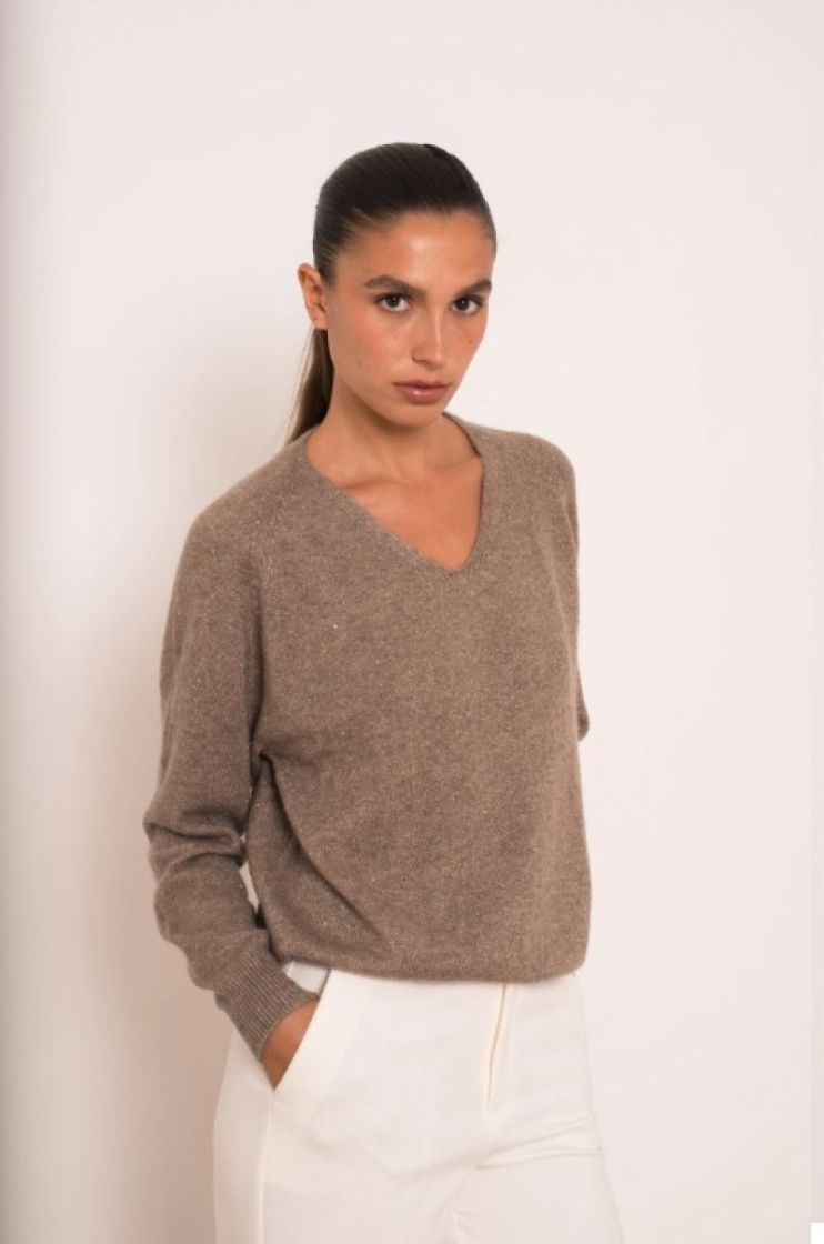 PULL V PAILLETTES TAUPE