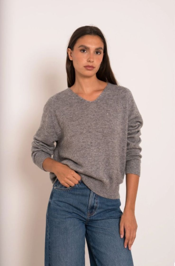 PULL V PAILLETTES GREY